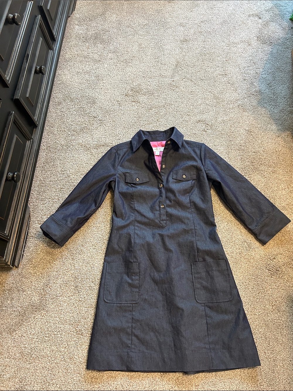 Isaac Mizrahi Navy Denim Shirt Dress with Pink Lining